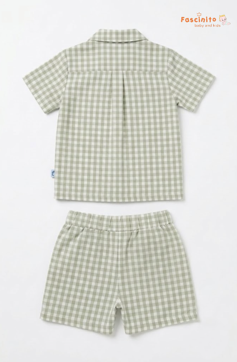 Boys Co-Ord Set – Sage Green Gingham Shirt & Shorts Set