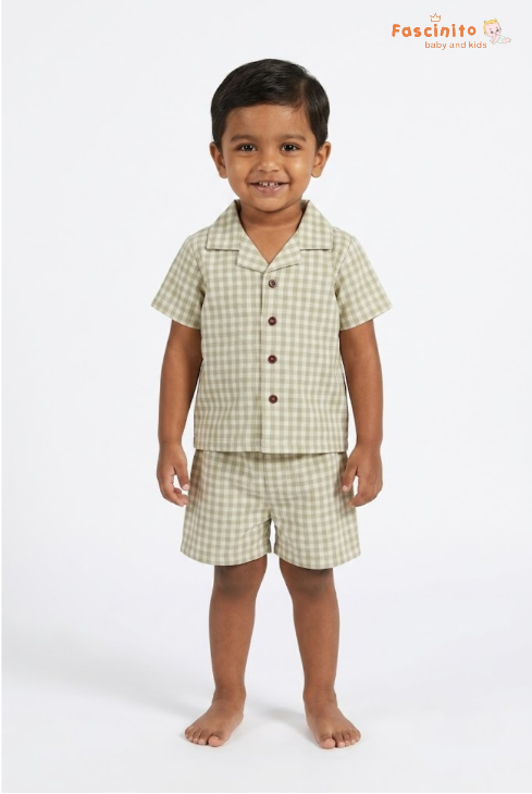 Boys Co-Ord Set – Sage Green Gingham Shirt & Shorts Set