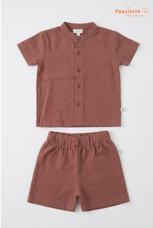 Boys Co-Ord Set – Rust Brown Mandarin Collar Shirt & Shorts Set
