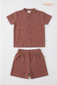 Boys Co-Ord Set – Rust Brown Mandarin Collar Shirt & Shorts Set