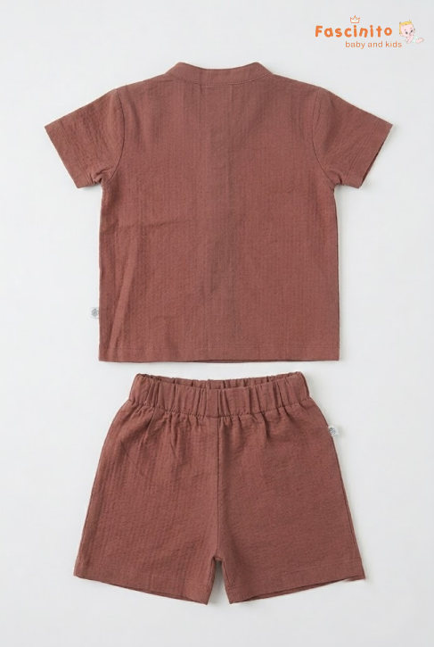 Boys Co-Ord Set – Rust Brown Mandarin Collar Shirt & Shorts Set