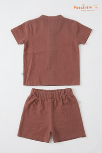 Boys Co-Ord Set – Rust Brown Mandarin Collar Shirt & Shorts Set