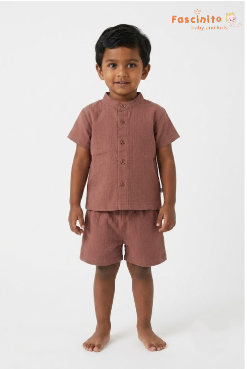 Boys Co-Ord Set – Rust Brown Mandarin Collar Shirt & Shorts Set