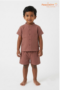 Boys Co-Ord Set – Rust Brown Mandarin Collar Shirt & Shorts Set
