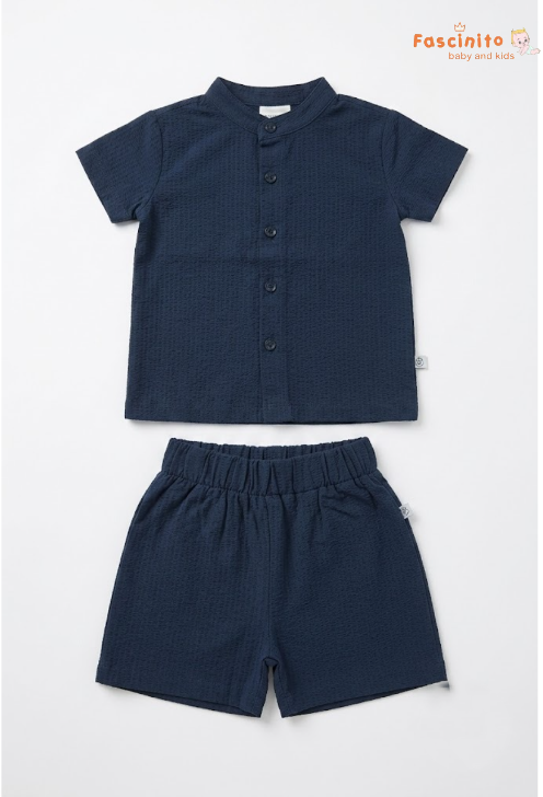 Boys Co-Ord Set – Navy Blue Mandarin Collar Shirt & Shorts Set