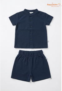 Boys Co-Ord Set – Navy Blue Mandarin Collar Shirt & Shorts Set