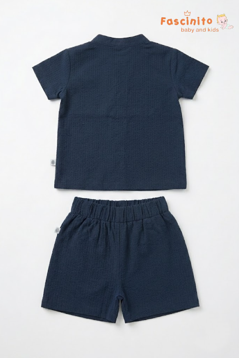 Boys Co-Ord Set – Navy Blue Mandarin Collar Shirt & Shorts Set