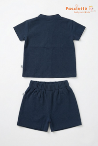 Boys Co-Ord Set – Navy Blue Mandarin Collar Shirt & Shorts Set