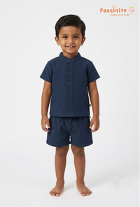 Boys Co-Ord Set – Navy Blue Mandarin Collar Shirt & Shorts Set
