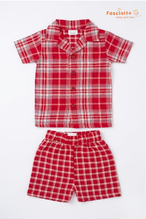 Boys Co-Ord Set – Red Plaid Shirt & Shorts Set
