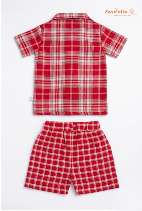 Boys Co-Ord Set – Red Plaid Shirt & Shorts Set