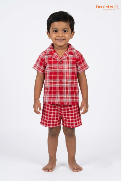Boys Co-Ord Set – Red Plaid Shirt & Shorts Set