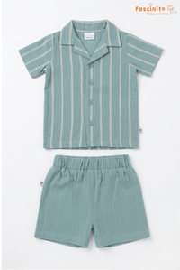 Boys Co-Ord Set – Teal & Cream Pinstripe Shirt & Shorts Set