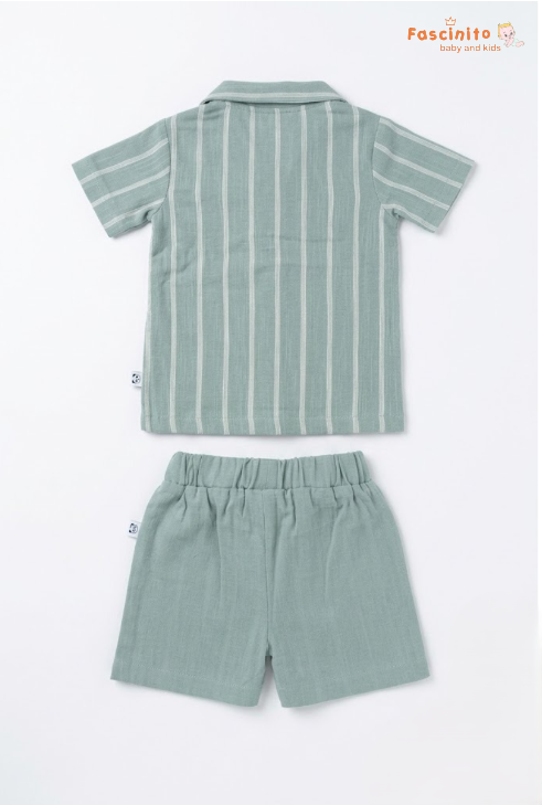 Boys Co-Ord Set – Teal & Cream Pinstripe Shirt & Shorts Set