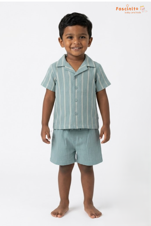Boys Co-Ord Set – Teal & Cream Pinstripe Shirt & Shorts Set