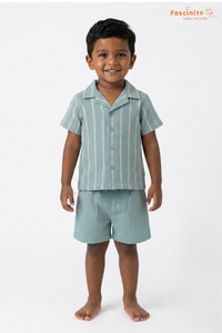 Boys Co-Ord Set – Teal & Cream Pinstripe Shirt & Shorts Set