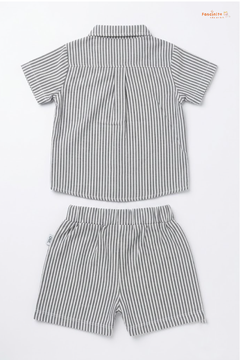 Boys Co-Ord Set – Grey White Pinstripe Shirt & Shorts Set