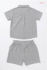 Boys Co-Ord Set – Grey White Pinstripe Shirt & Shorts Set