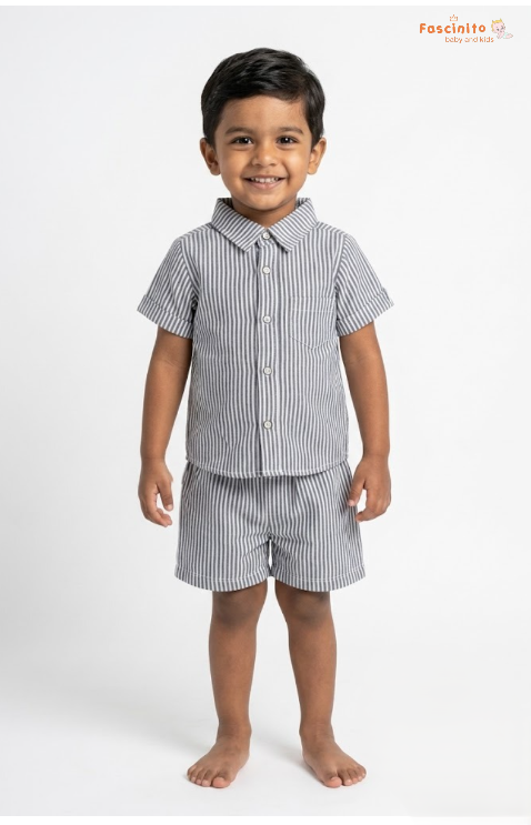 Boys Co-Ord Set – Grey White Pinstripe Shirt & Shorts Set
