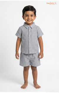 Boys Co-Ord Set – Grey White Pinstripe Shirt & Shorts Set