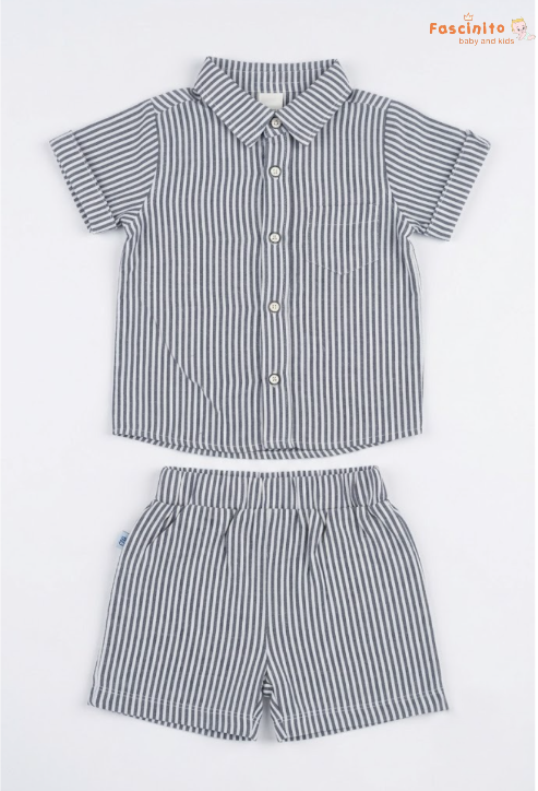 Boys Co-Ord Set – Grey White Pinstripe Shirt & Shorts Set