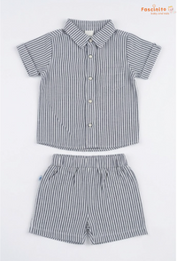 Boys Co-Ord Set – Grey White Pinstripe Shirt & Shorts Set