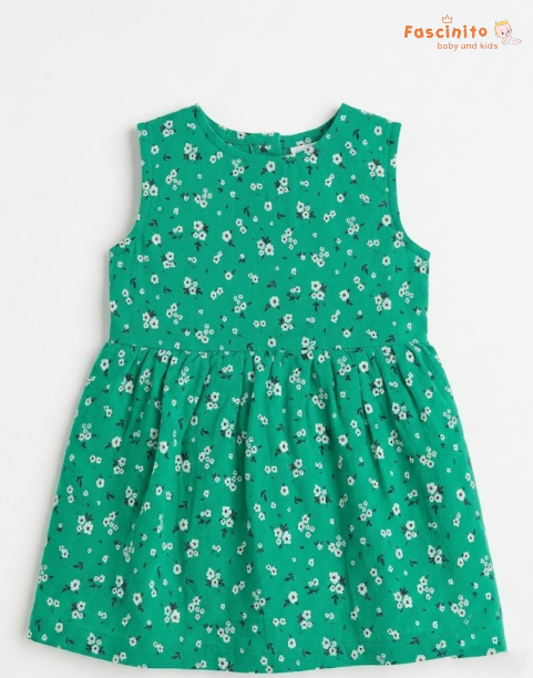 Girls Daisy Print Frock – Green Sleeveless Dress