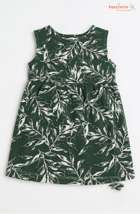 Girls Leaf Print Frock – Dark Green Sleeveless Dress