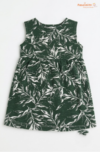 Girls Leaf Print Frock – Dark Green Sleeveless Dress