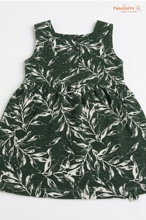 Girls Leaf Print Frock – Dark Green Sleeveless Dress