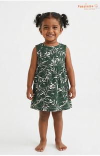 Girls Leaf Print Frock – Dark Green Sleeveless Dress