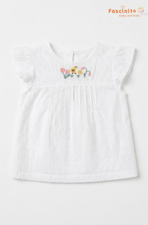 Girls Embroidered Frock – White Flutter Sleeve Dress
