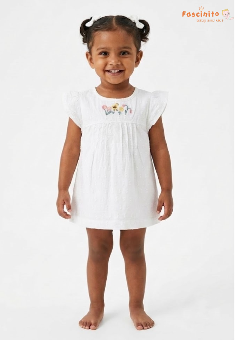 Girls Embroidered Frock – White Flutter Sleeve Dress