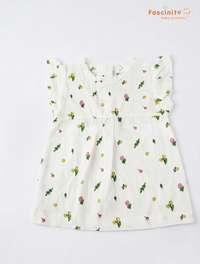 Girls Floral Frock – White Printed Flutter Sleeve Dress