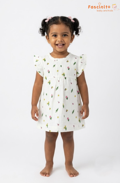 Girls Floral Frock – White Printed Flutter Sleeve Dress