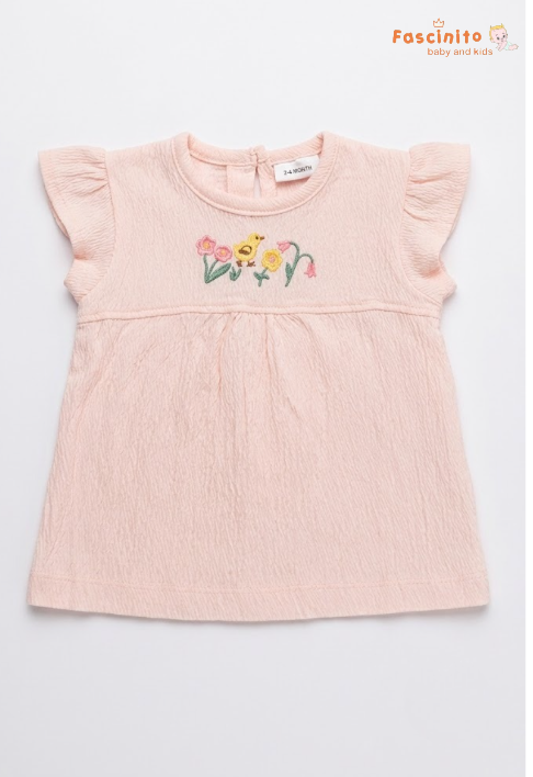 Girls Embroidered Frock – Pink Flutter Sleeve Dress