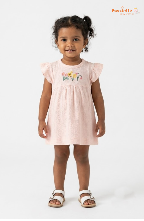Girls Embroidered Frock – Pink Flutter Sleeve Dress