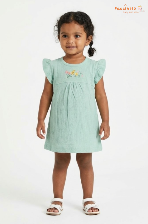 Girls Embroidered Frock – Sage Green Flutter Sleeve Dress