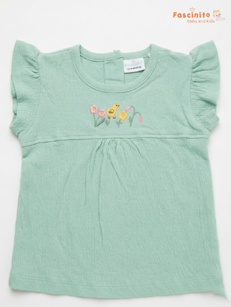 Girls Embroidered Frock – Sage Green Flutter Sleeve Dress