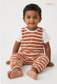 Baby Dungaree Set – White & Orange Striped Cotton Outfit