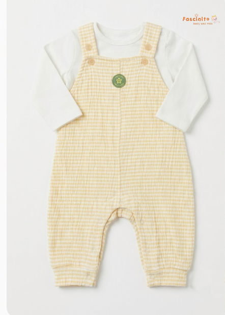 Baby Dungaree Set – Yellow & White Gingham Bear Outfit