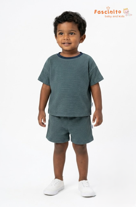 Boys Co-Ord Set – Navy & White Textured T-Shirt and Shorts Set