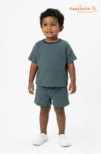 Boys Co-Ord Set – Navy & White Textured T-Shirt and Shorts Set