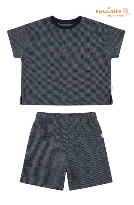 Boys Co-Ord Set – Navy & White Textured T-Shirt and Shorts Set