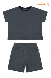 Boys Co-Ord Set – Navy & White Textured T-Shirt and Shorts Set