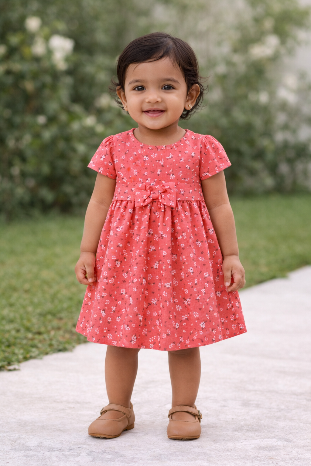 Girls Vermillion Pink Floral Cotton Party Frock