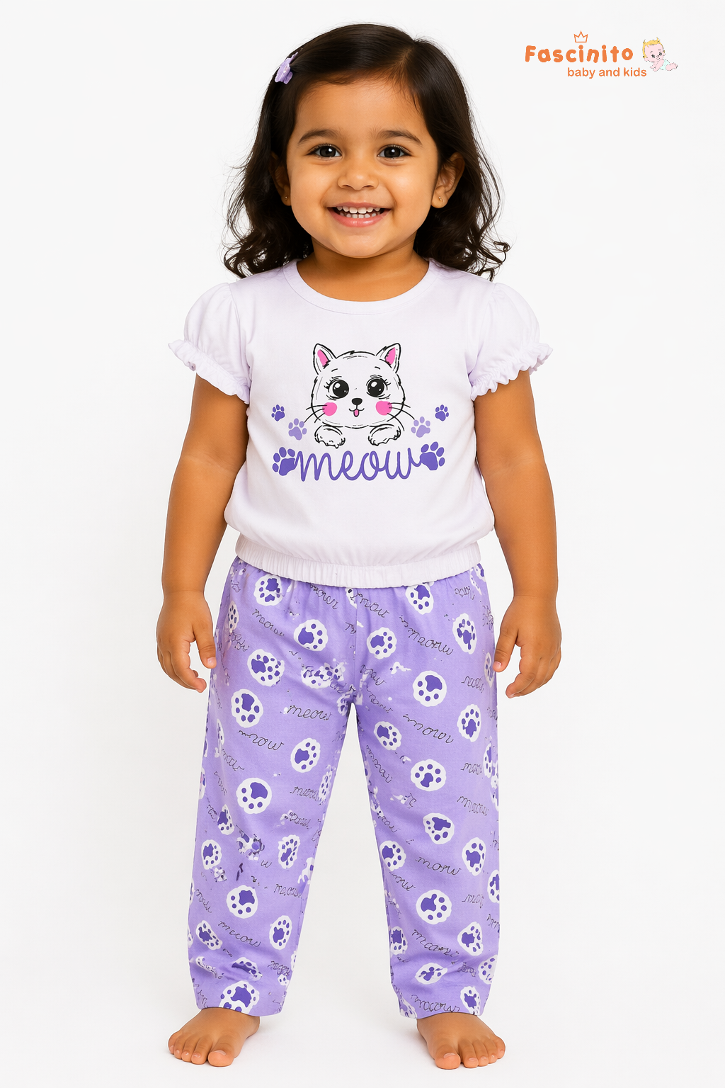 Girls T-Shirt & Pant Set – White Lavender Cat Print Pajama Set