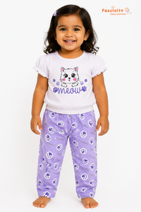Girls T-Shirt & Pant Set – White Lavender Cat Print Pajama Set