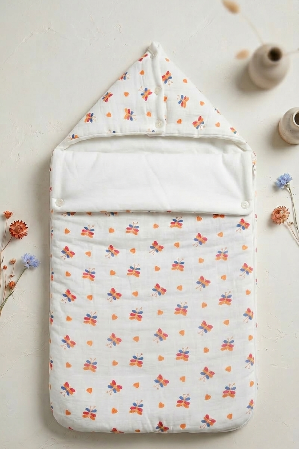 Baby Carry Nest Muslin Sleeping Bag with Hood – White Butterfly