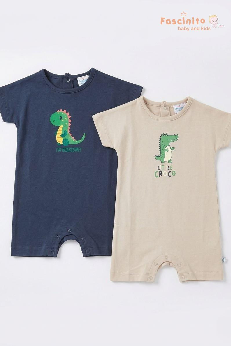 Little CrocoDragon Baby Playsuit Combo – Organic Cotton Blue & Cream Romper